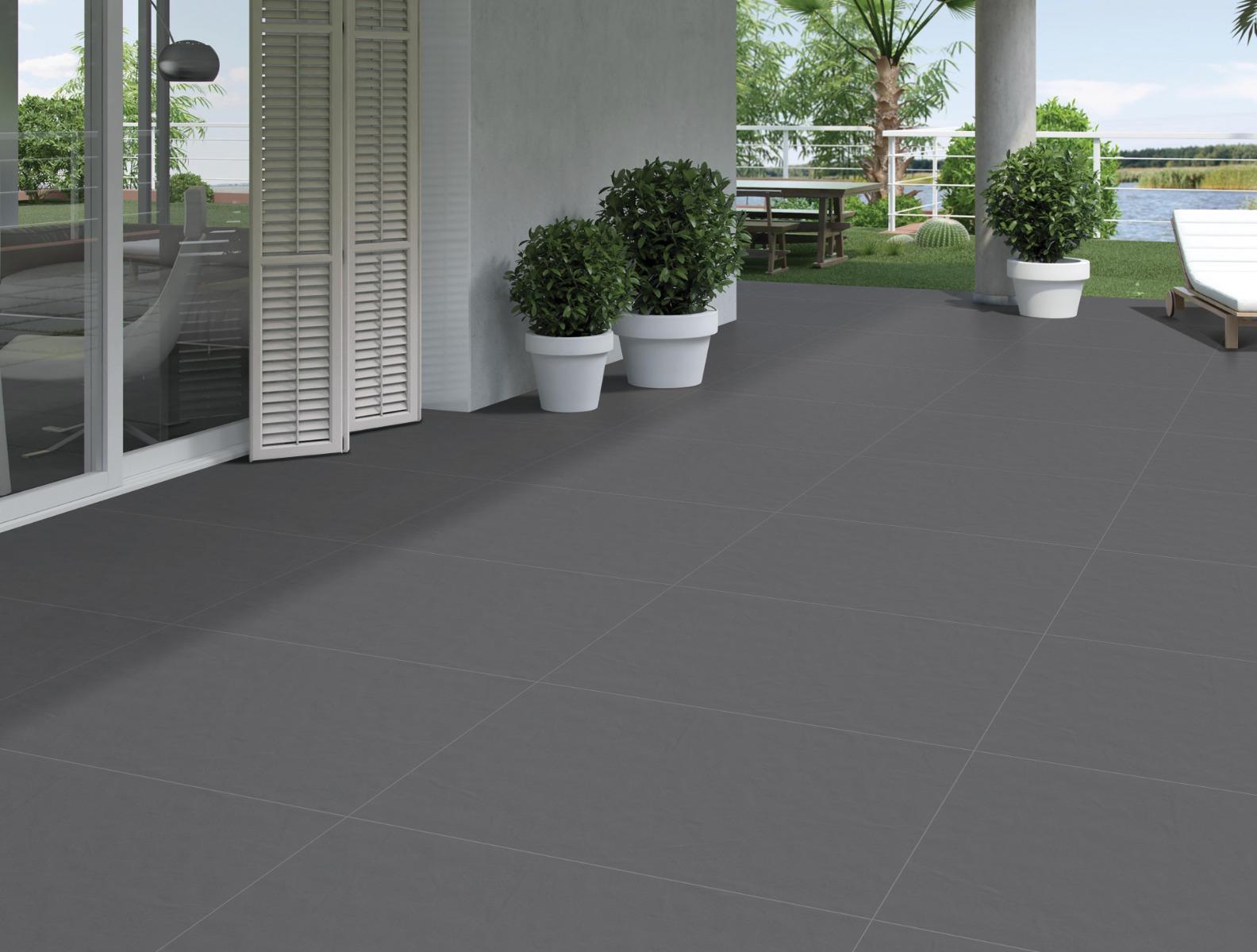 Matte Finish Graphite Grey Unicolour Softpunch Full Body Vitrified Tiles Floor Tiles