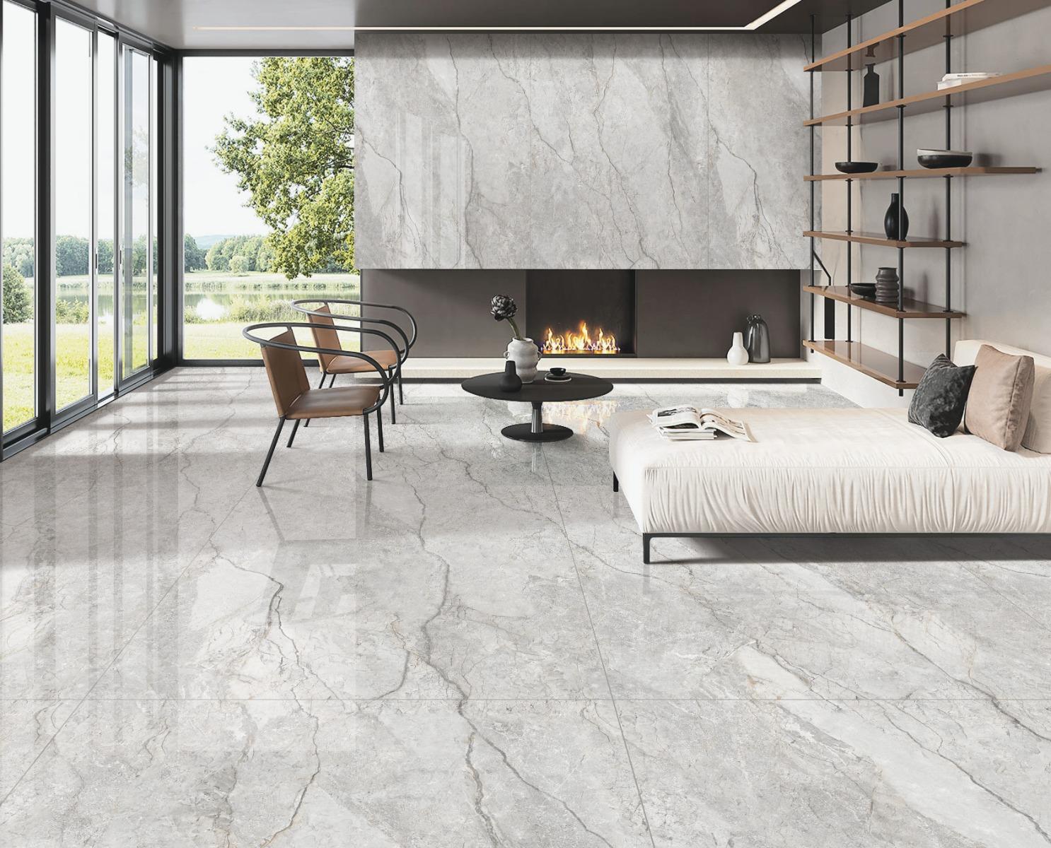 Glossy Finish HVY PGVT Atlantic Stone Marble Grey Glazed Vitrified Tiles Floor Tiles