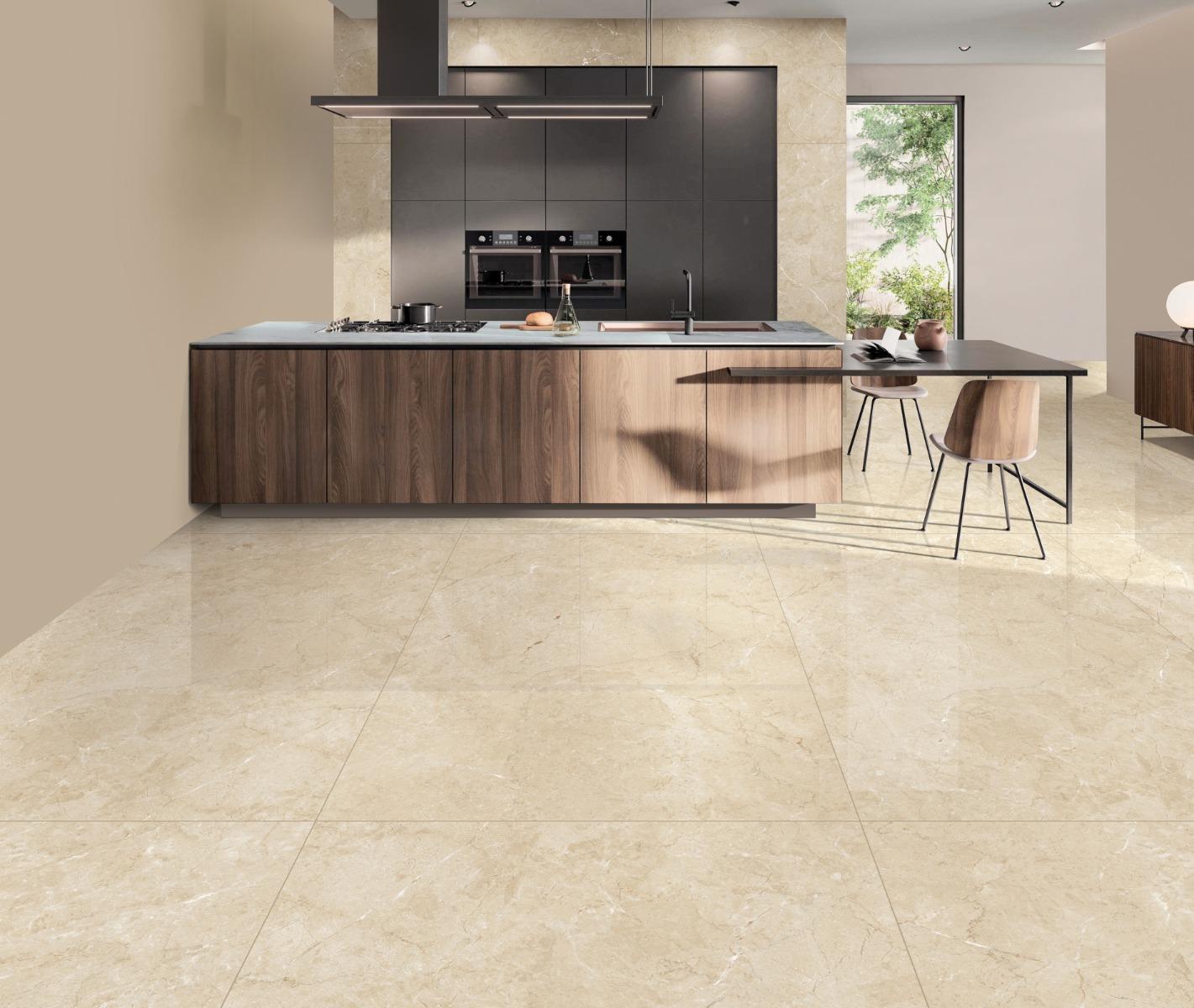 Glossy Finish HVY PGVT Creama Marfil Dark Glazed Vitrified Tiles Floor Tiles