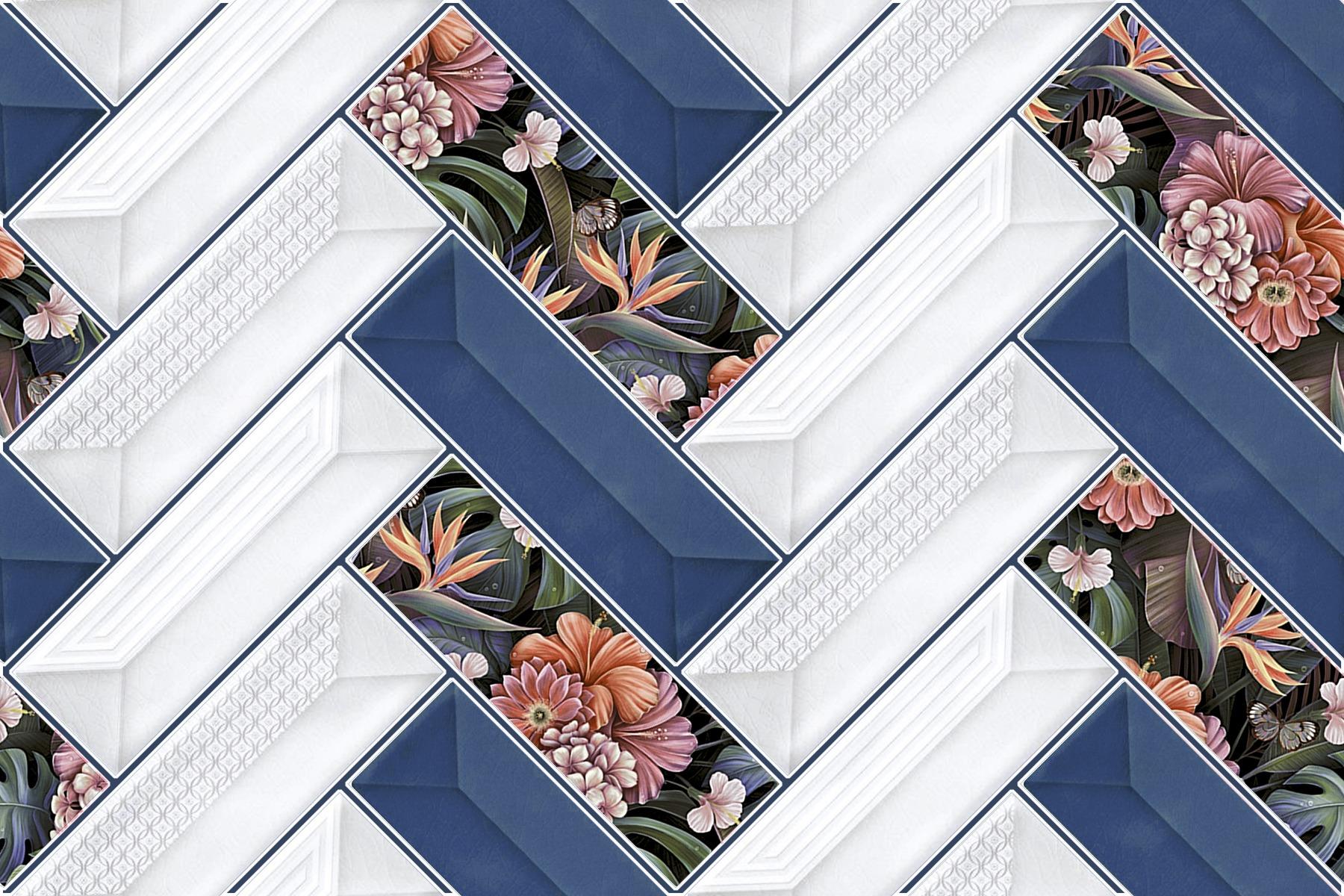 Glossy Finish OHG Blue Flora Herringbone HL Ceramic tile 300x450 mm