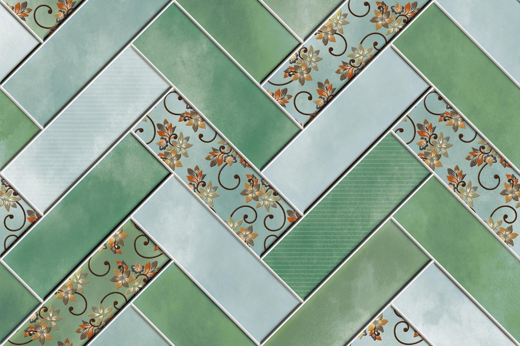 Glossy Finish OHG Green Flora Herringbone HL Ceramic tile 300x450 mm