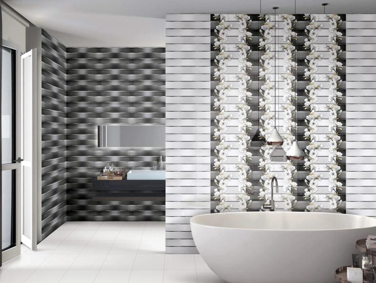 Glossy Finish ODG Grey Floral Grid Strips Ceramic tile 300x450 mm