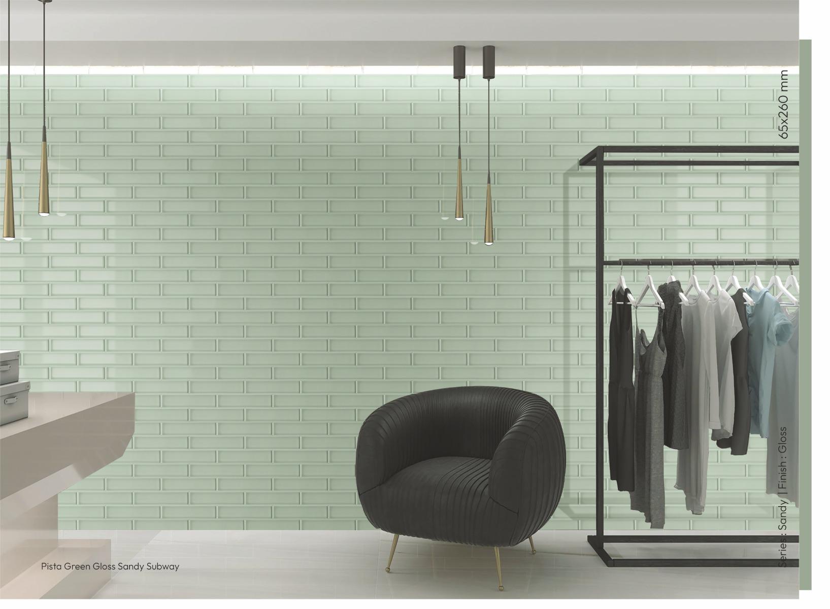 Glossy Finish Pista Green Gloss Sandy Subway Ceramic tile 65x260 mm