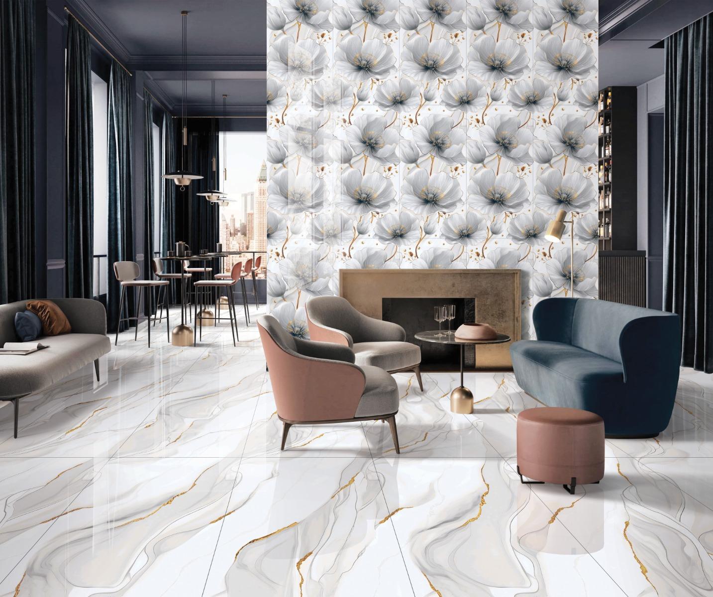 Glossy Finish Silver Bloom Gloss Wallpaper Vitrified tile 600x1200 mm
