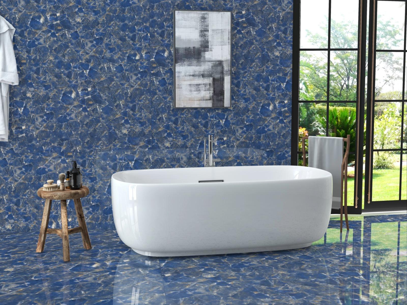 Super Glossy Finish DR Super Gloss Crystal Blue Marble Glazed Vitrified Tiles 600x1200 mm