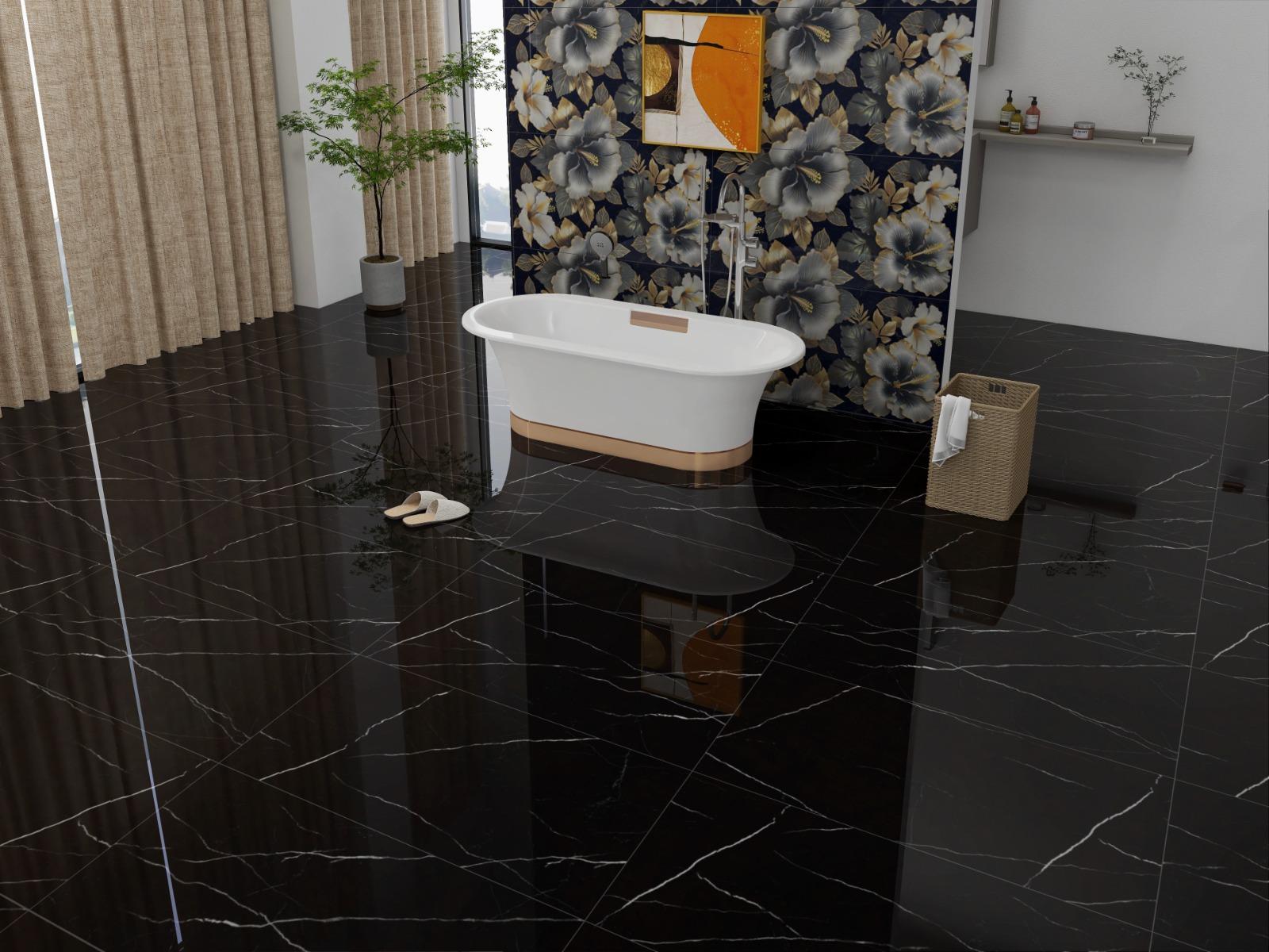 Super Glossy Finish DR Super Gloss Marquina Black Vitrified tile 600x1200 mm