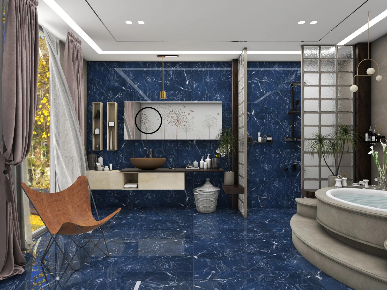 Super Glossy Finish Super Gloss Marquina Blue Glazed Vitrified Tiles 600x1200 mm