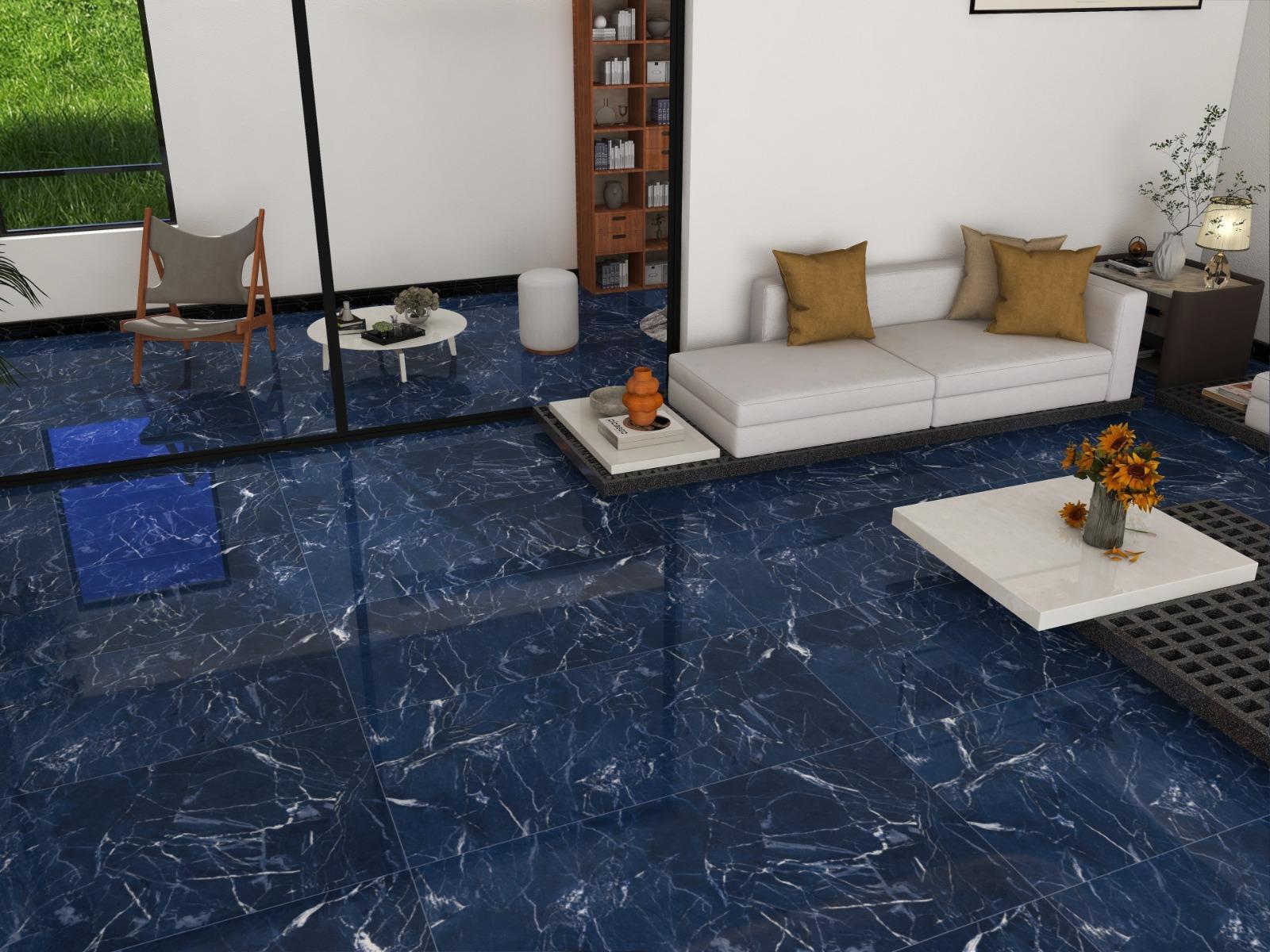 Super Glossy Finish Super Gloss Marquina Blue Glazed Vitrified Tiles 600x1200 mm
