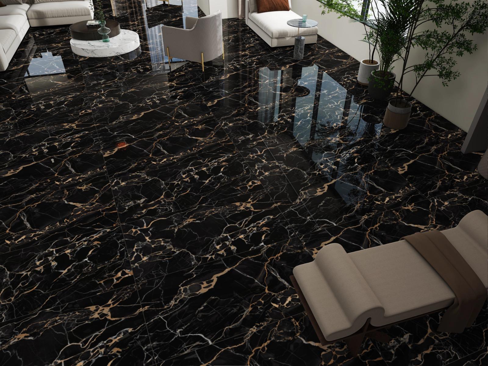 Glossy Finish  Super Gloss Portoro Gold Marble Vitrified tile 600x1200 mm
