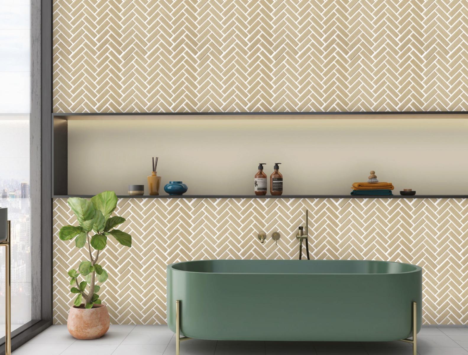 Glossy Finish Taupe Gloss 3D Tri Herringbone Ceramic tile 282x315 mm