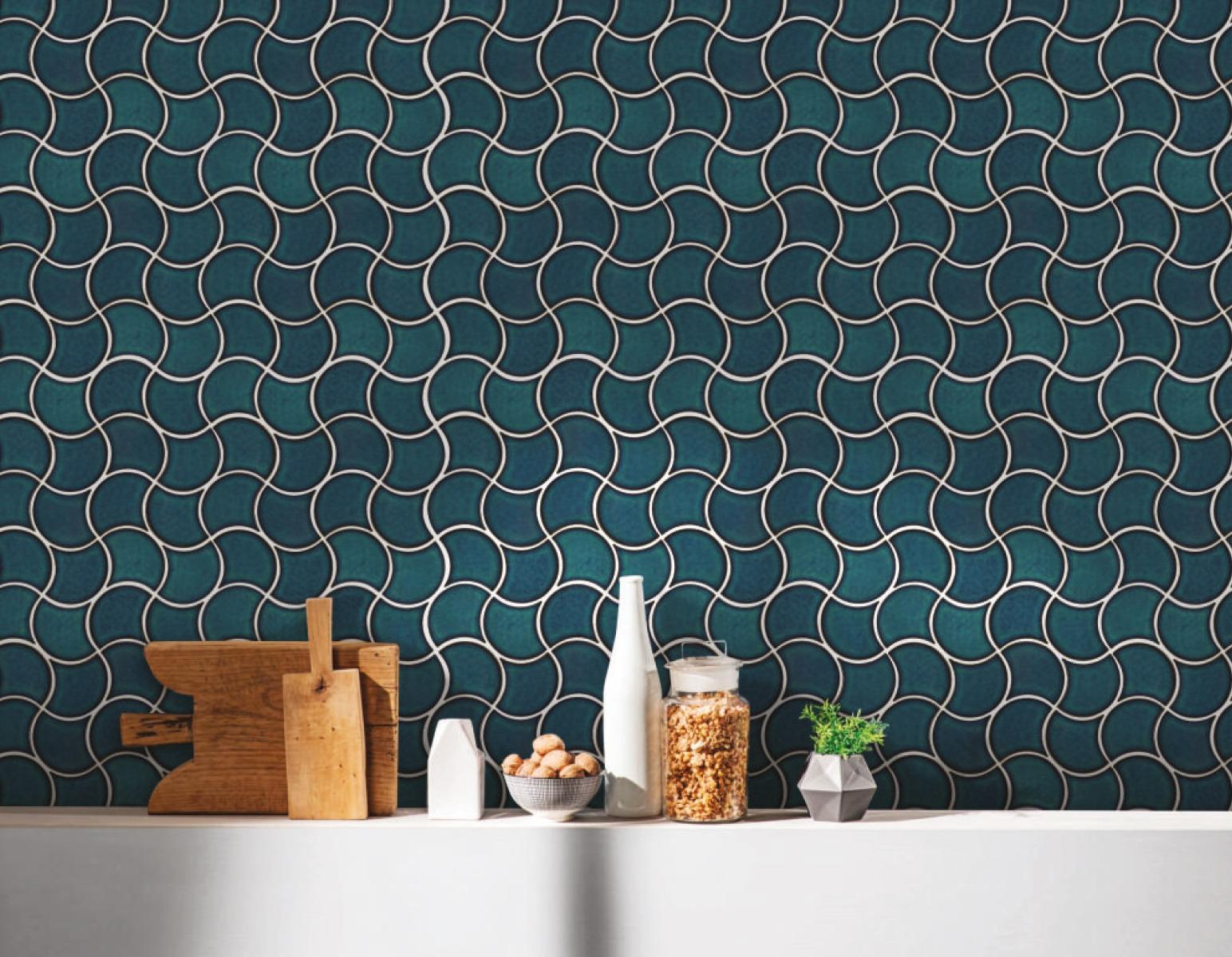 Glossy Finish Teal Blue Gloss 3D Fishscale Waves Ceramic tile 272x272 mm