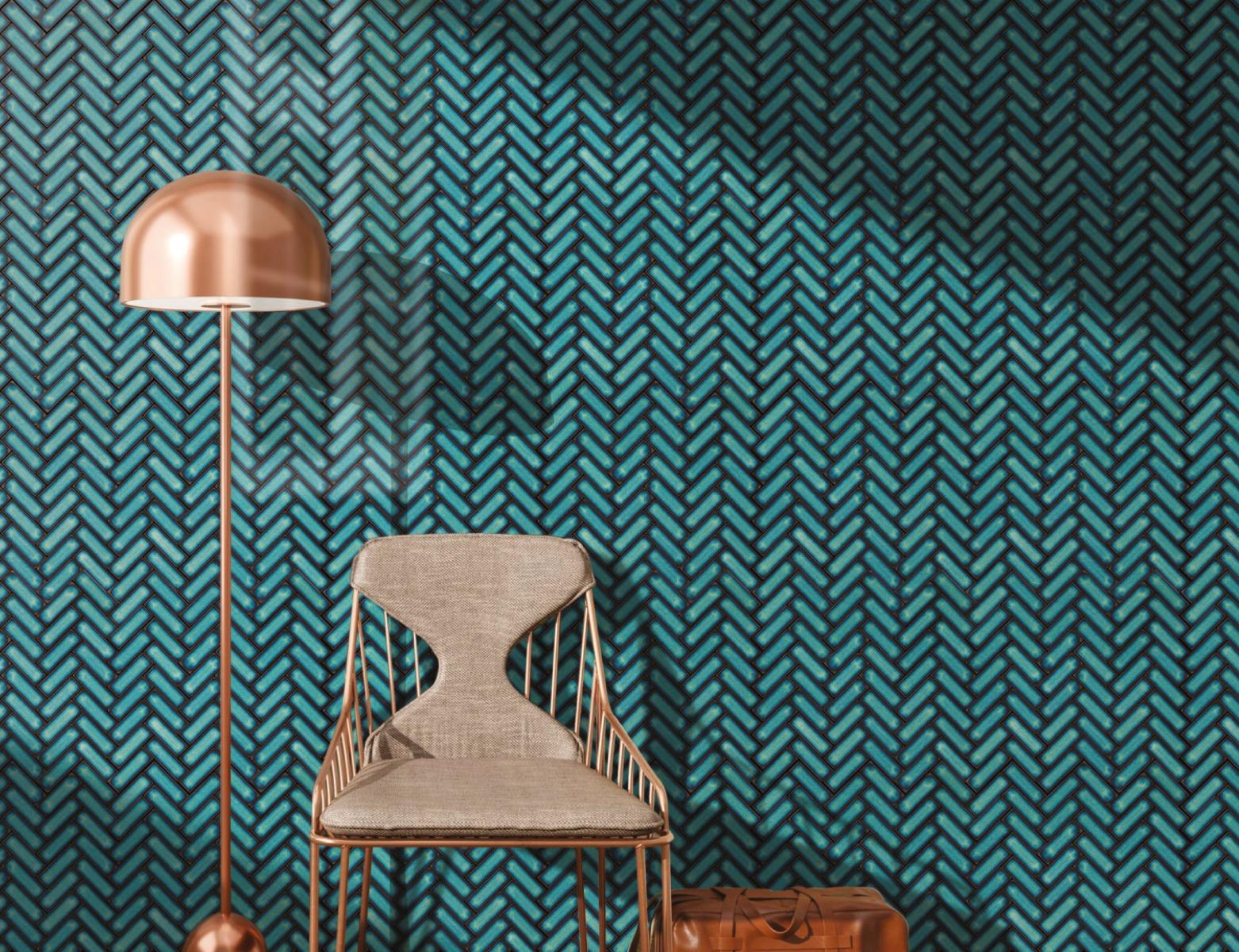 Glossy Finish Teal Blue Gloss 3D Tri Herringbone Ceramic tile 282x315 mm