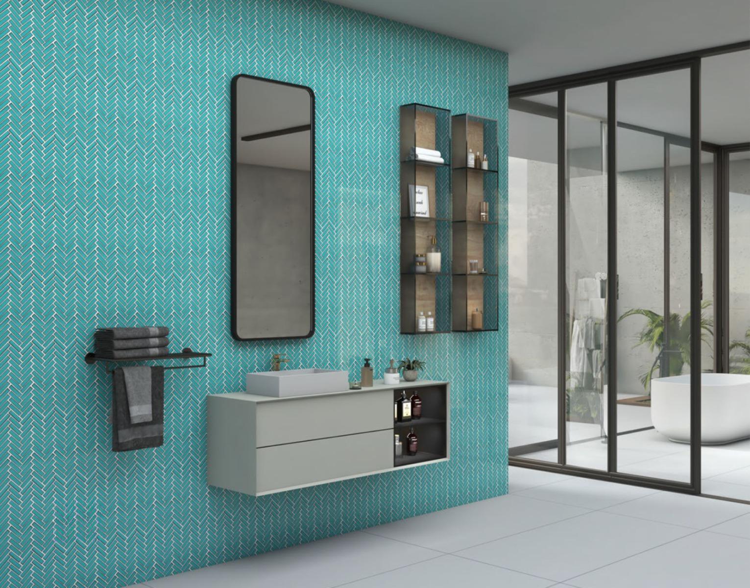 Glossy Finish Turquoise Gloss 3D Quad Herringbone Ceramic tile 275x282 mm