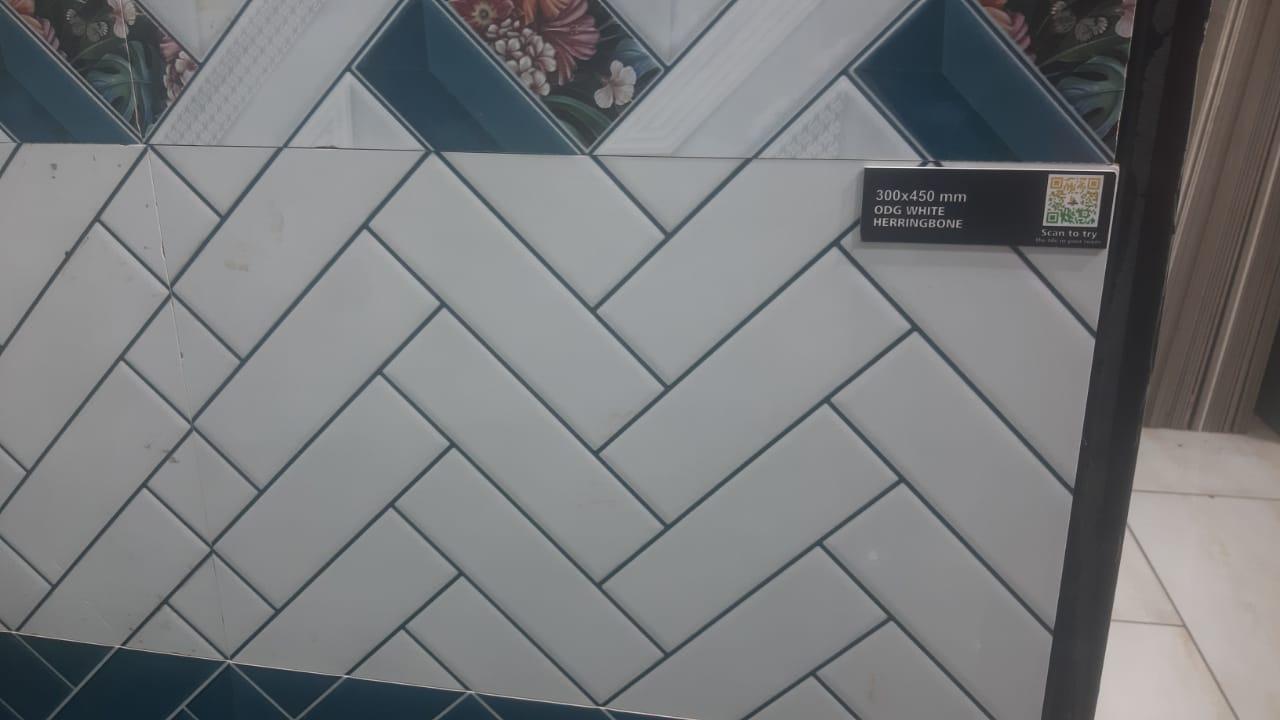 Glossy Finish ODG White Herringbone Ceramic tile 300x450 mm