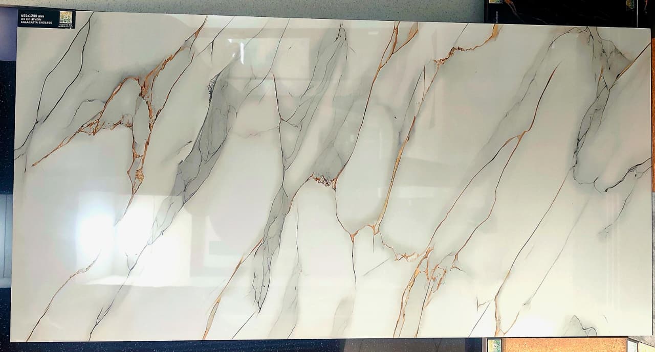 Glossy Finish DR Goldvein Calacatta Endless Gloss Glazed Vitrified Tiles 600x1200 mm