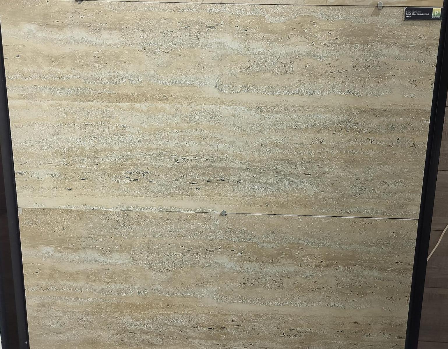 Glossy Finish PGVT Real Travertine Beige  Vitrified tile 600x1200 mm