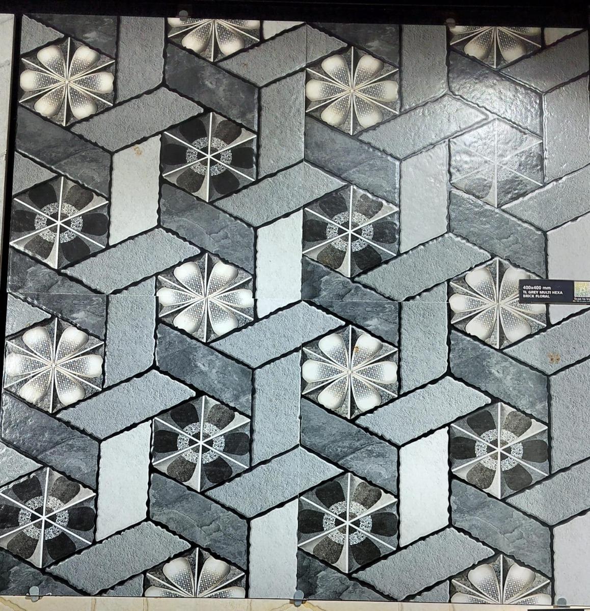 Matte Finish TL Grey Multi Hexa Brick Floral Ceramic tile 400x400 mm