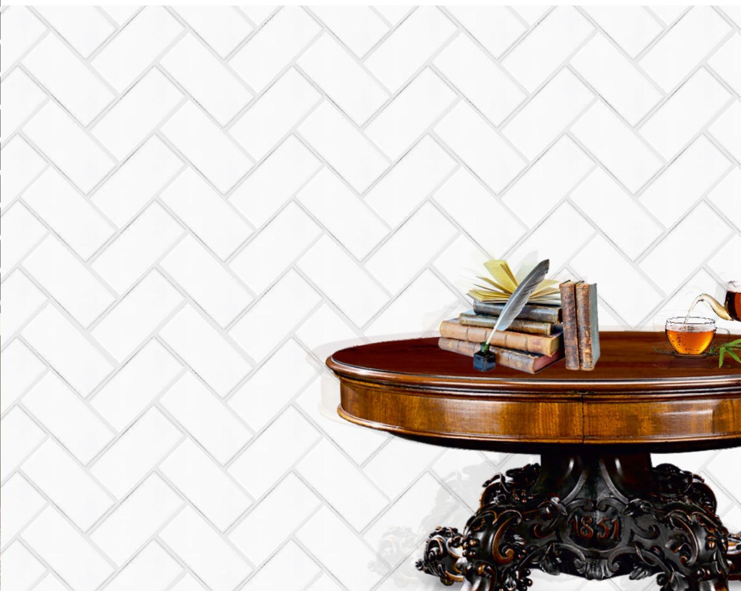 Glossy Finish White Gloss Stacked Herringbone Ceramic tile 269x275 mm